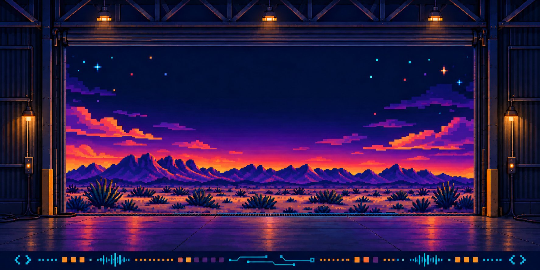 Pixel-art warehouse bay opening onto a New Mexico desert sunset with mountains and yucca.