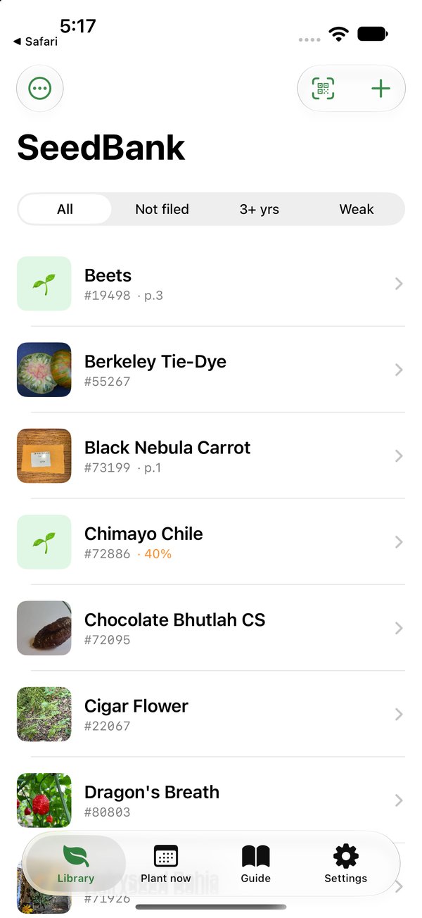 SeedBank app, Library tab: seeds with photos, five-digit codes and germination rates