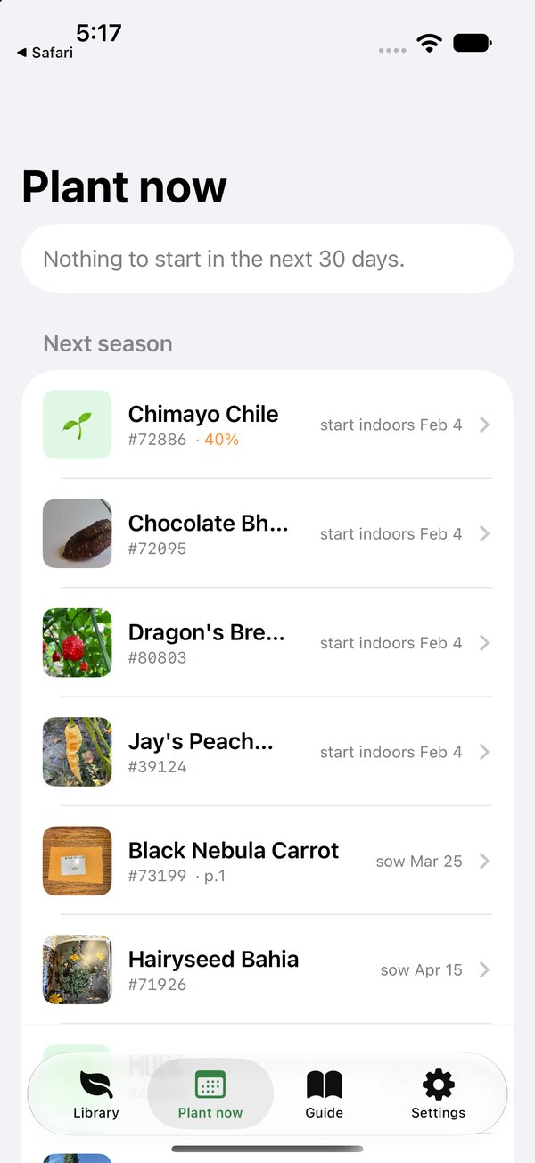 SeedBank app, Plant now tab: a season plan showing which seeds to start indoors and when